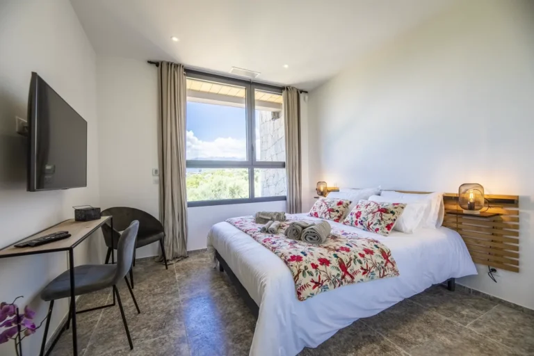 Chambre double avec bureau et fenêtre sur le jardin