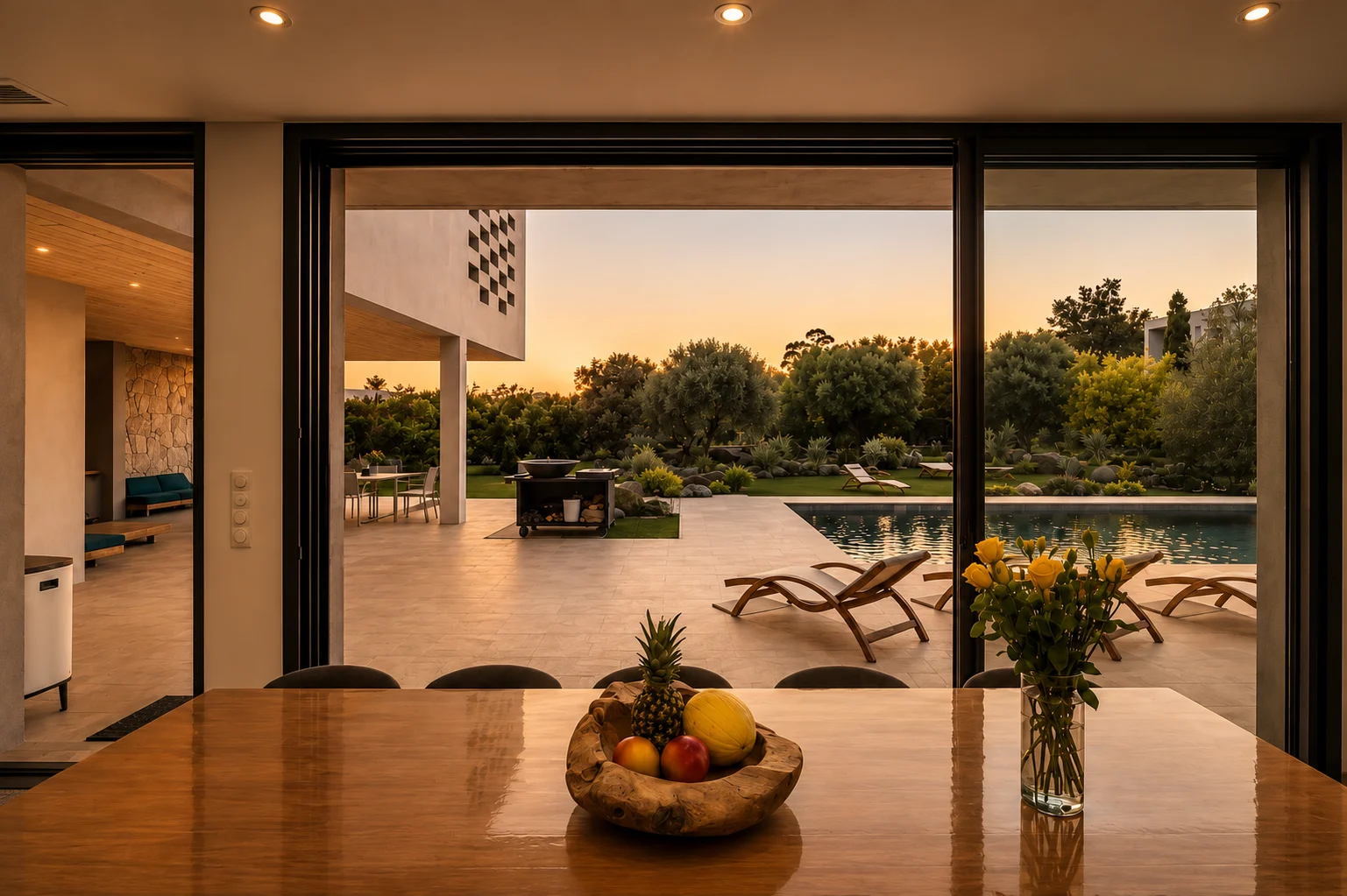 Salle à manger ouverte sur la piscine au coucher du soleil Salle à manger ouverte sur la piscine au coucher du soleil