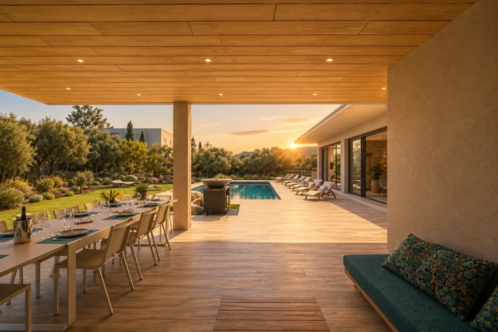 Terrasse couverte et salle à manger d’été au coucher du soleil Terrasse couverte et salle à manger d’été au coucher du soleil